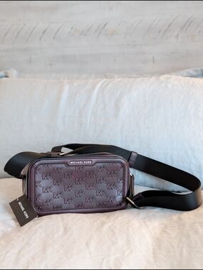 Michael Kors Men's MK Raised Logo Burgandy Burnished Leather Crossbody Bag